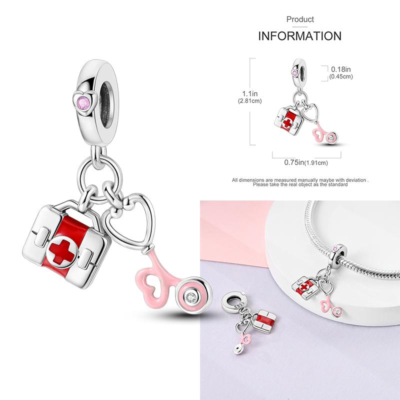 Медицинская коробка Шапочка медсестры Шармы-сердечки Зуб Стетоскоп Бусины Подходят для оригинального браслета 3 мм Женские Медные Изысканные Шармы Ювелирные изделия Подарки