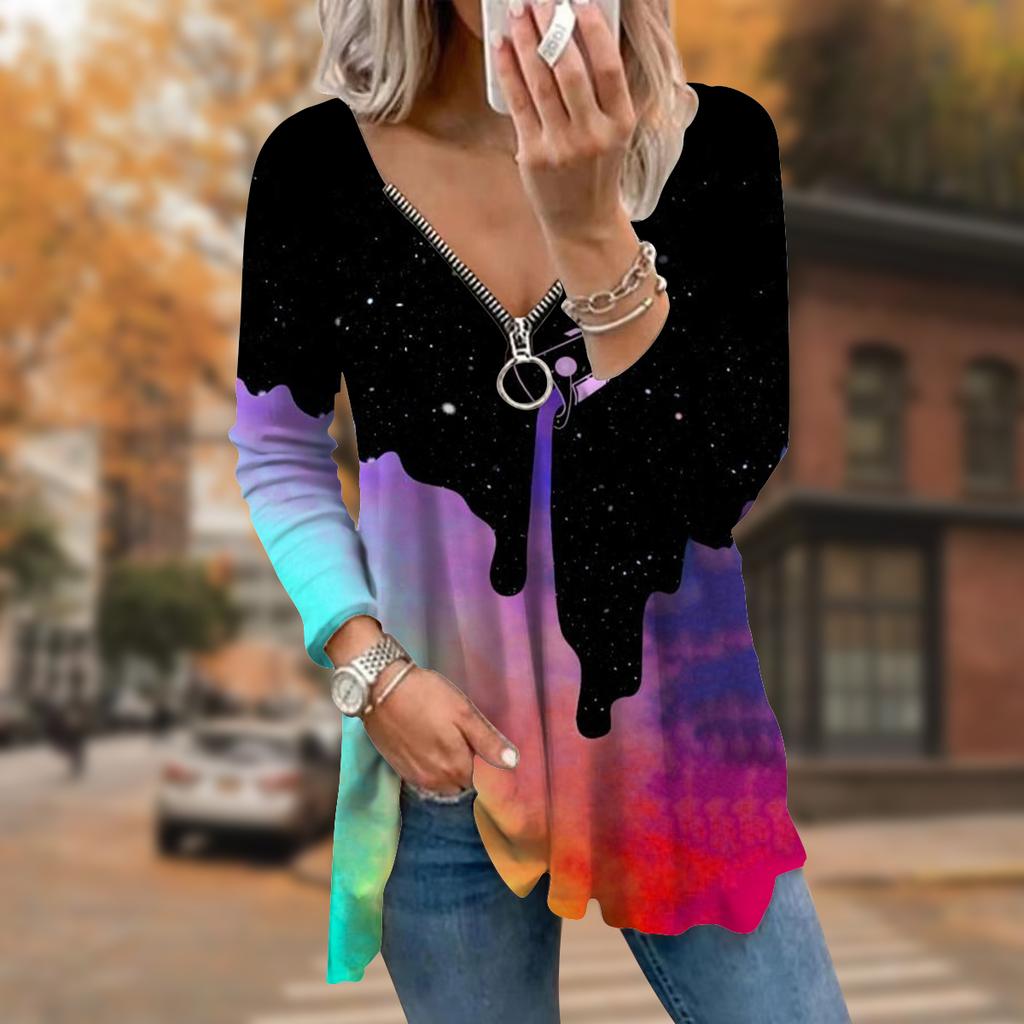 Women Autumn Bucket Pigment Printed Long Sleeve T-Shirts Loose V-Neck Plus Size Tee Shirt Tops Comfy Blouse
