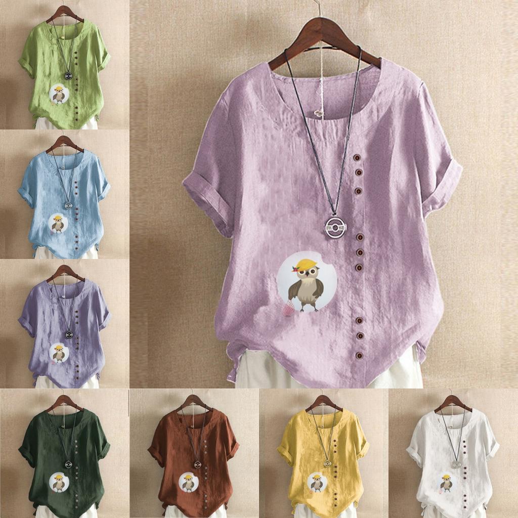 Women's Fashion Round Neck Short Sleeve T-shirt Casual Cotton Linen Graphic Shirt Leisure Loose Owl Prined Summer Blouse Tops