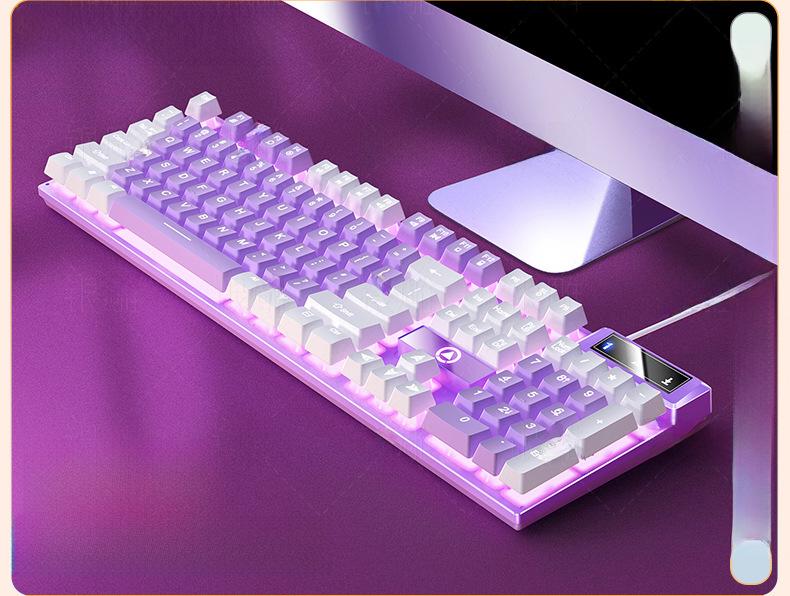 Проводная игровая клавиатура розового и серебристого цвета с цветной подсветкой - механическое ощущение для настольных компьютеров