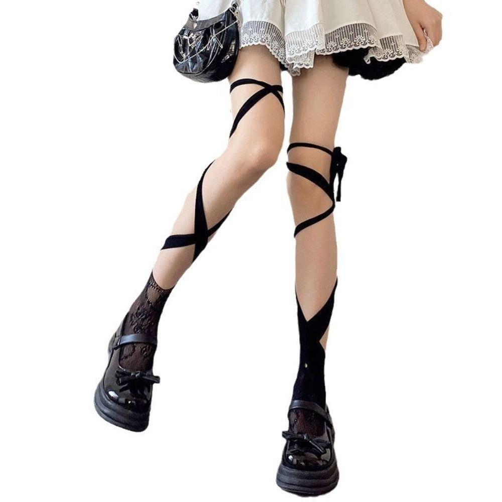 2Pairs Irregular Straps JK Lace-up Stockings Hollow Mid Tube Socks Women Lolita Lace Stockings  Gift