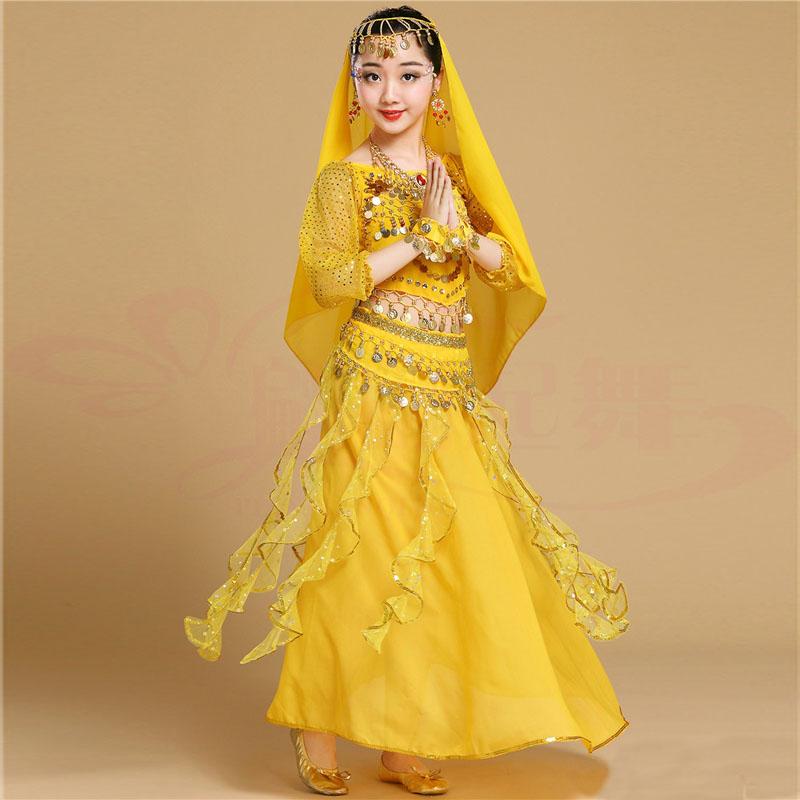 Girls Tulle Indian Belly Dance Clothing Children Performance Costume Tops+Skirt+Waist Chain + Headwear+(Bracelet 2pcs)+Necklace Dance Suit