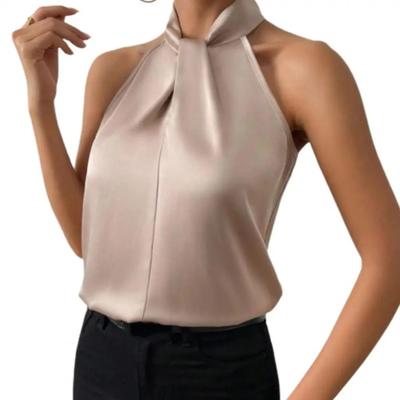 Летние женские топы, однотонные, с халтер-воротником, без рукавов, свободный крой, женская блузка, гладкий атлас, имитация шелка, женские топы