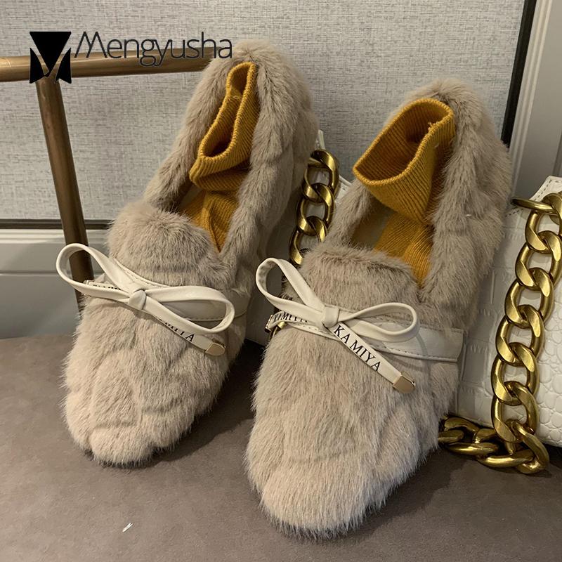 Fashion Winter Plaid Fur Flats Women Pu Butterfly-knot Cotton Shoes Woman Fairy Fleeces Loafers Comfy Plush Fluffy Moccasins Female