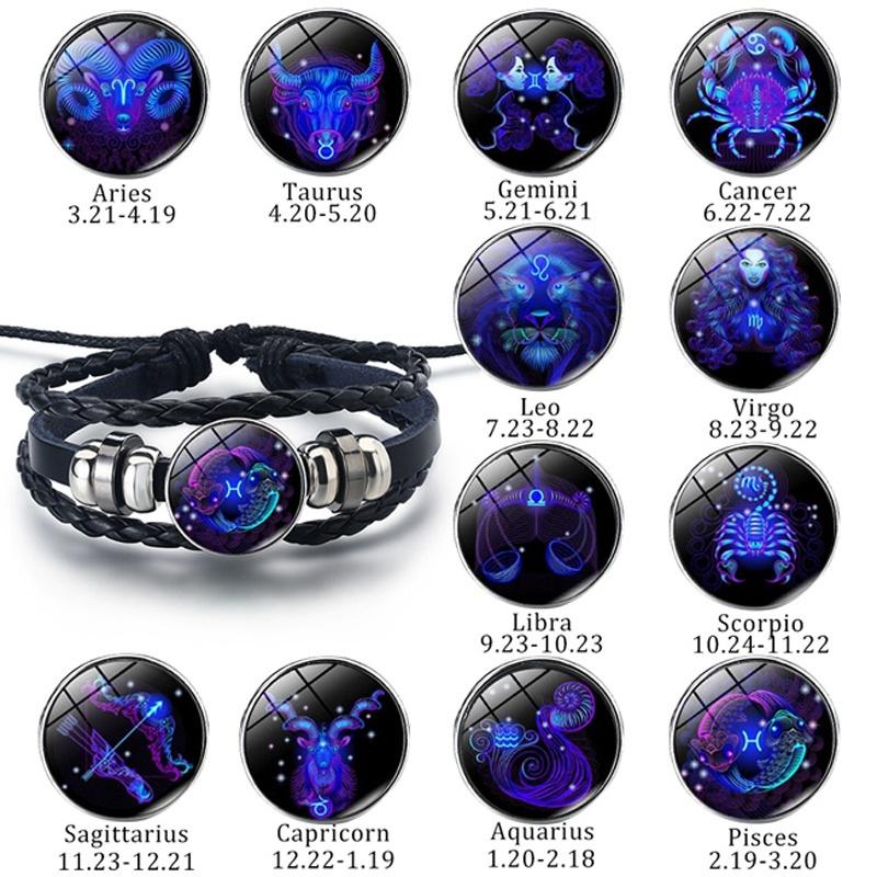 Unisex Snap Bracelet Weaving Fashion 12 Constellation Bead Leather Charm Couple Bangles Gifts