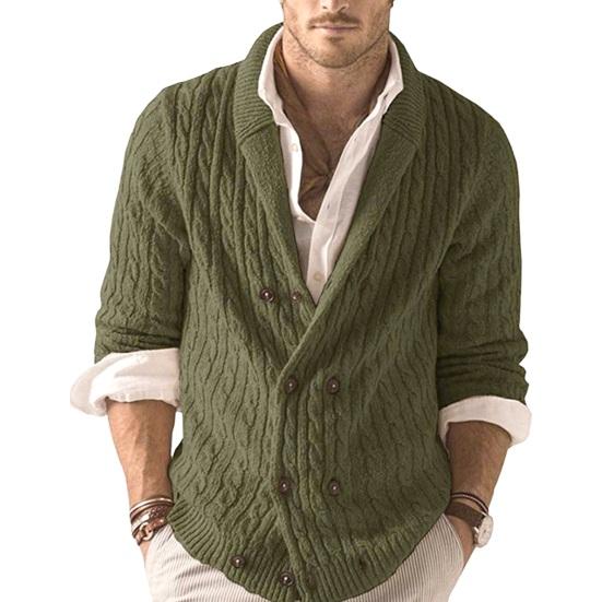 Осень-зима мужской свитер двубортный с пуговицами и лацканами, длинные рукава, скрученная текстура, однотонный, плотный, эластичный, трикотажный