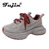 Fujin 5cm Women Sneakers Spring Lace-Up Casual Working Shoes Wearing Shoes High Brand Platform Wedge Silver Crystal Outside