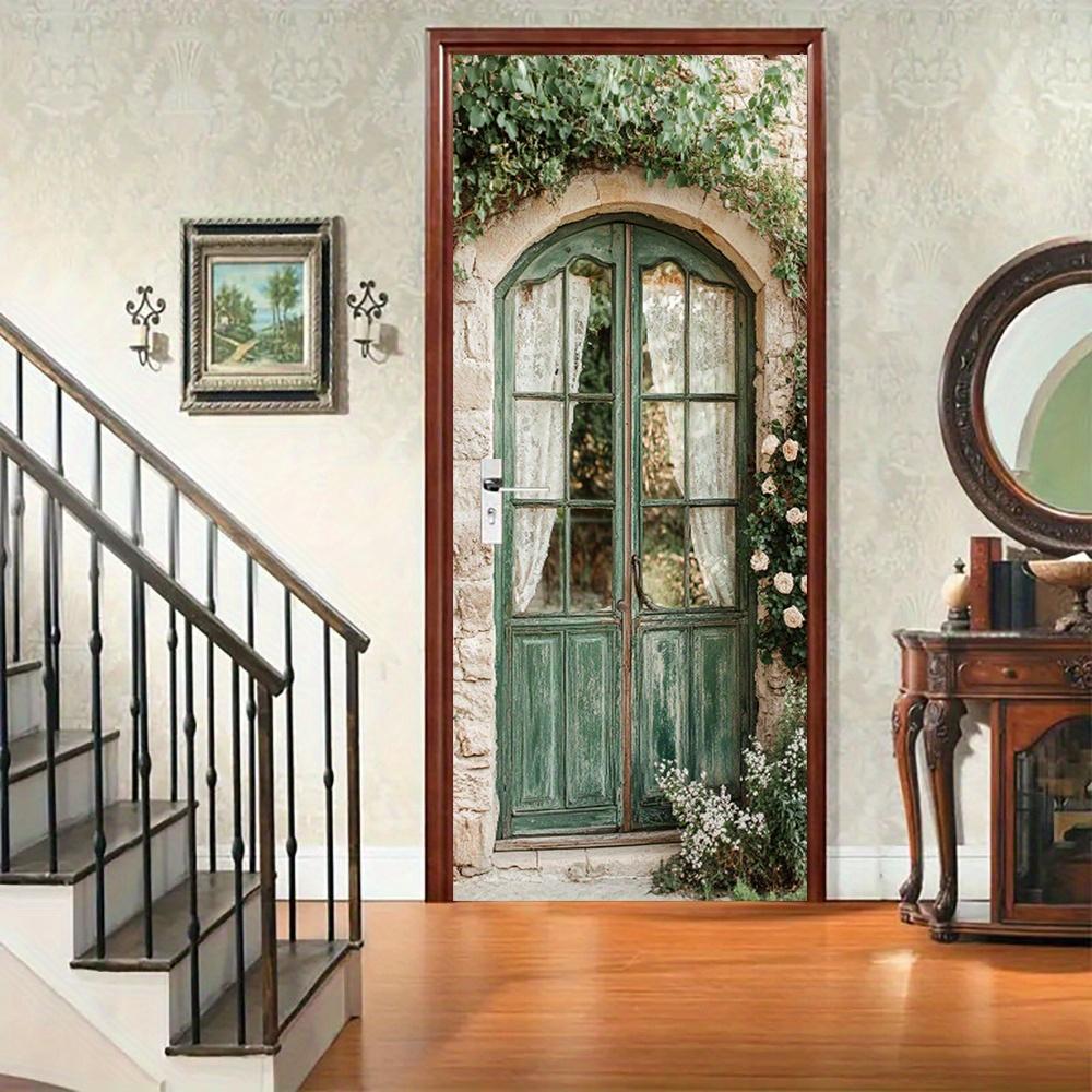 Rustic Green Wallpaper Self Adhesive Door Mural Removable Vinyl Home Decor Art Decal Wooden Scenery Wall Poster Stickers Porte Deursticker