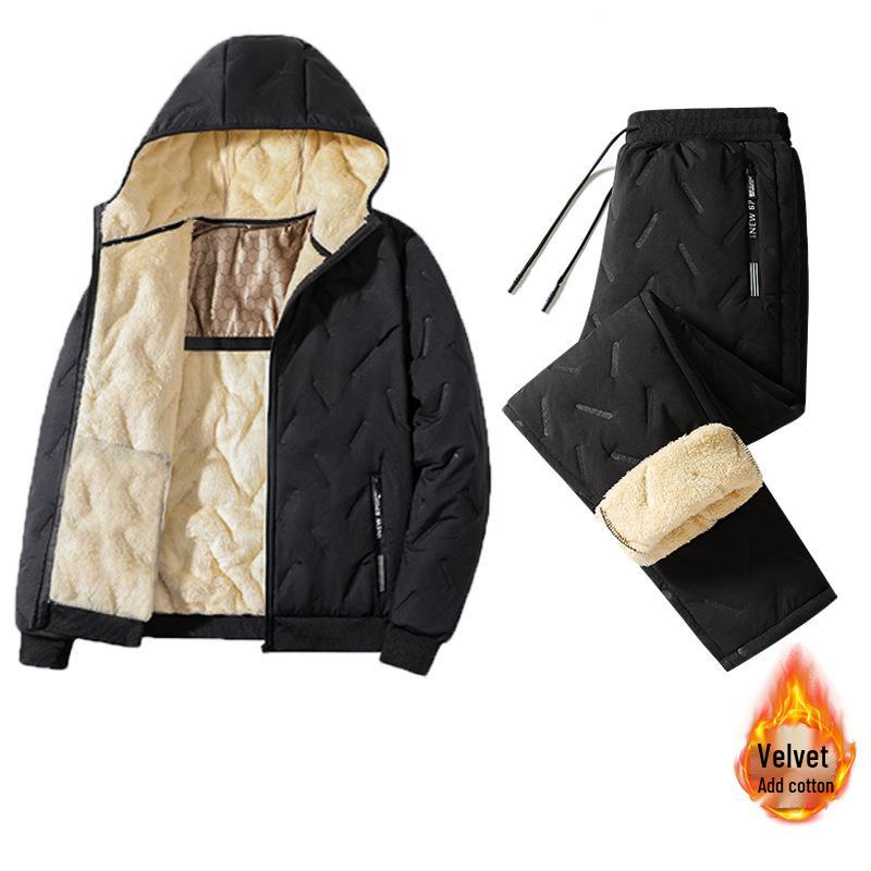 Мужской зимний комплект: куртка с капюшоном из овечьей шерсти и хлопковые брюки - с подкладкой из искусственного меха, утепленный, большого размера.