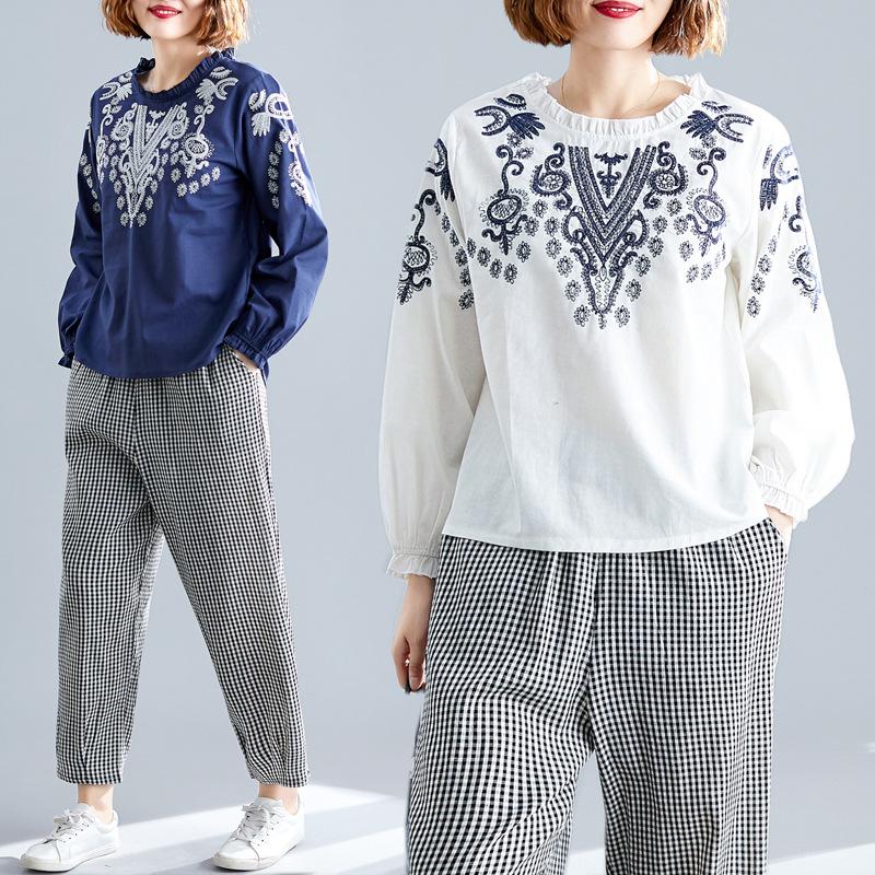 Женская повседневная блузка с длинным рукавом и оборками, вышитыми цветами, рукавом «летучая мышь» с круглым вырезом, женские хлопковые топы