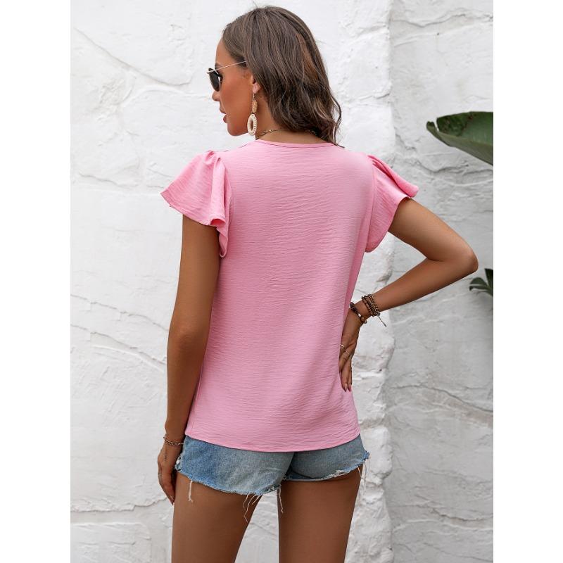 Женские модные повседневные летние весенние однотонные блузки и рубашки с короткими рукавами и круглым вырезом с принтом