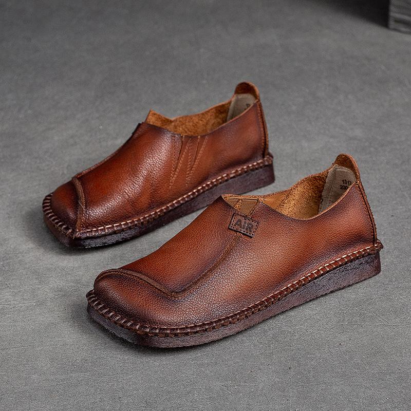 Осенние ретро-лоферы из кожи с резиновой подошвой, женские туфли на плоской подошве с квадратным носком и мягкой подошвой, однотонные туфли без застежек