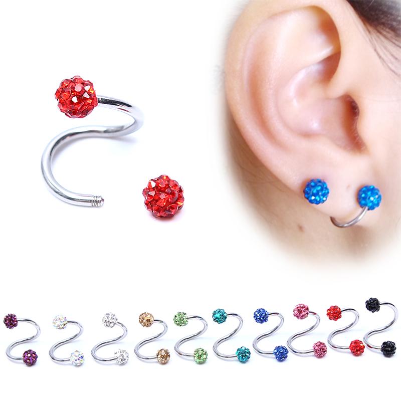 16 г Горячая новая серьга с кристаллами для хряща, хирургическая сталь, блеск, 1 шт., спиральная женская сережка-гвоздик для пирсинга тела, ручная работа