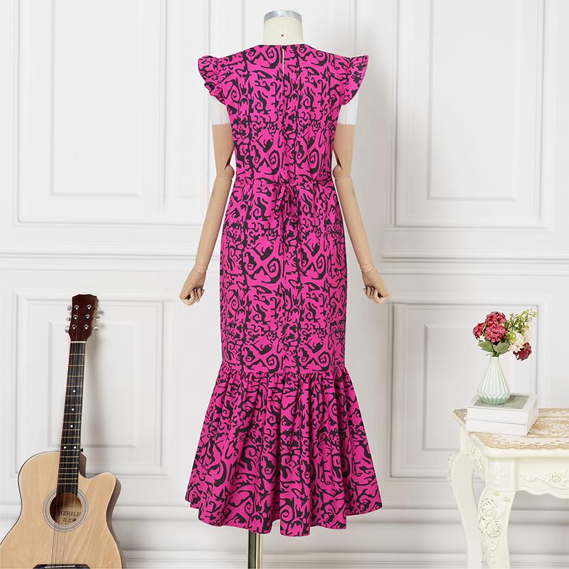 Plus Size Women Round Neck Sleeveless Print Fishtail Ruffled Plus Size Dresses