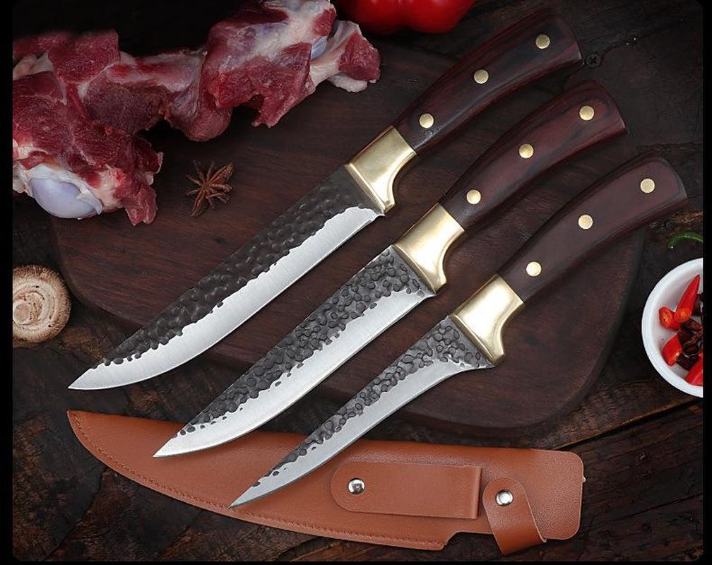 Кованый острый нож для мясника Нож для обвалки Нож для нарезки ломтиков с чехлом для ножа Набор ножей с деревянной ручкой
