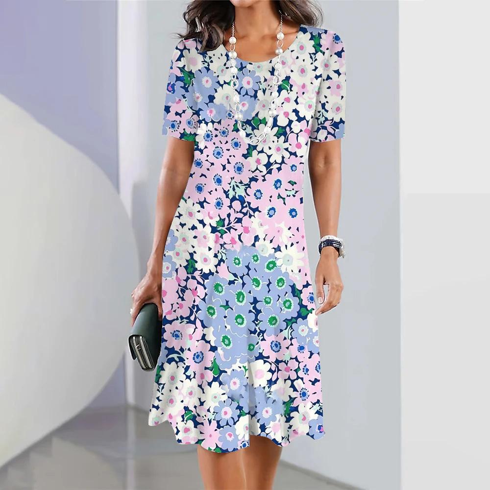 Женское модное платье с цветочным принтом, летнее ретро-платье с круглым вырезом, повседневное платье А-силуэта, свободное женское платье с коротким рукавом