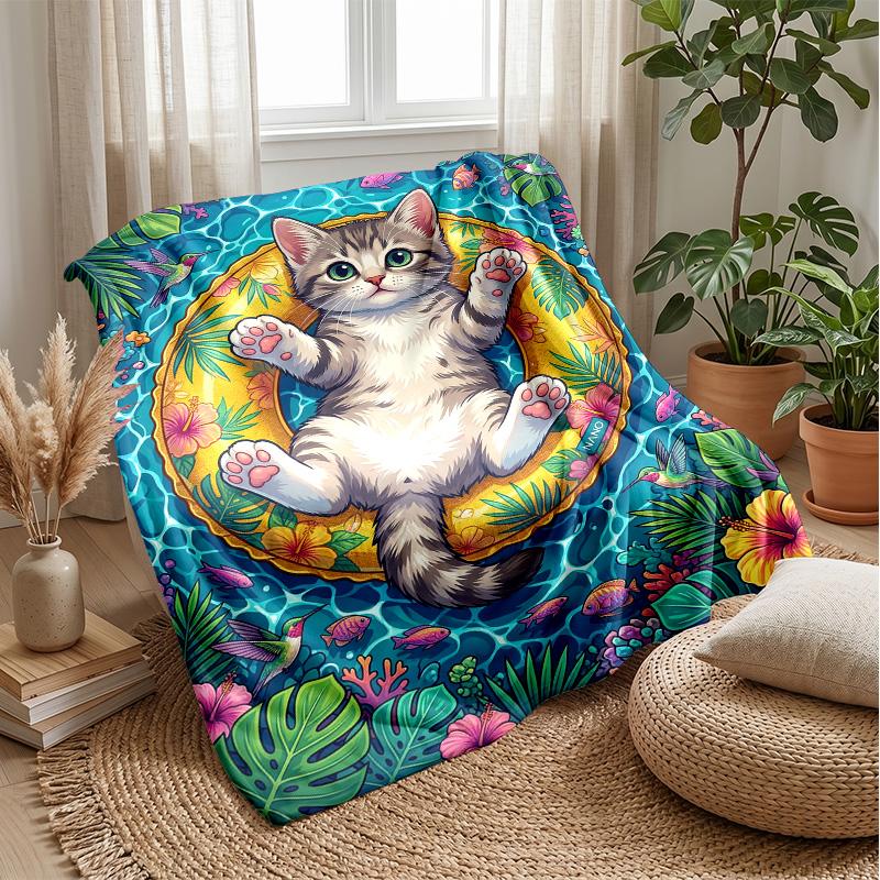 Cat Fishing Adventure blanket Personalized Name Flannel Blanket Soft Cozy Plush Throw for Sofa Bed Lightweight Home Decor
