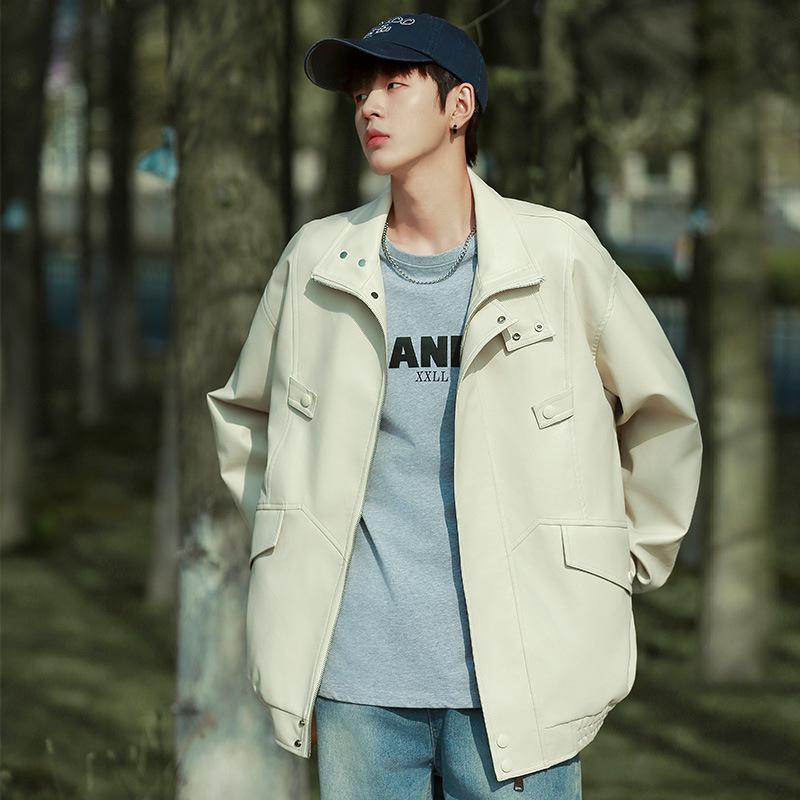 Осенняя новая кожаная куртка мужская в гонконгском стиле, свободная повседневная спортивная куртка однотонная с лацканами, мужская тенденция