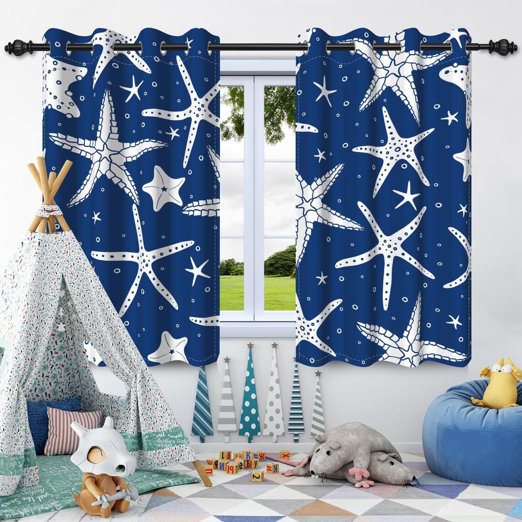 2 Pcs Sea Plants Shells Starfish Blackout Curtains Thermal Insulated Grommet Window Drapes Children Bedroom Living Room Decor