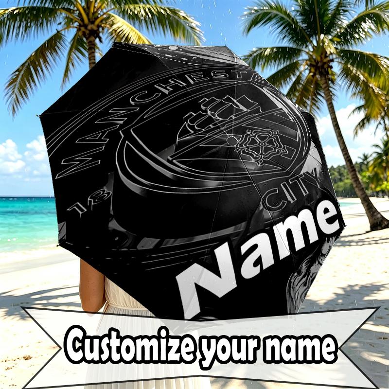 Custom Name Personalized Manchester City FC Print Umbrella, Auto Open Close, 8‑Rib Sturdy Frame, Commute Camping Hiking Use, Birthday Gift