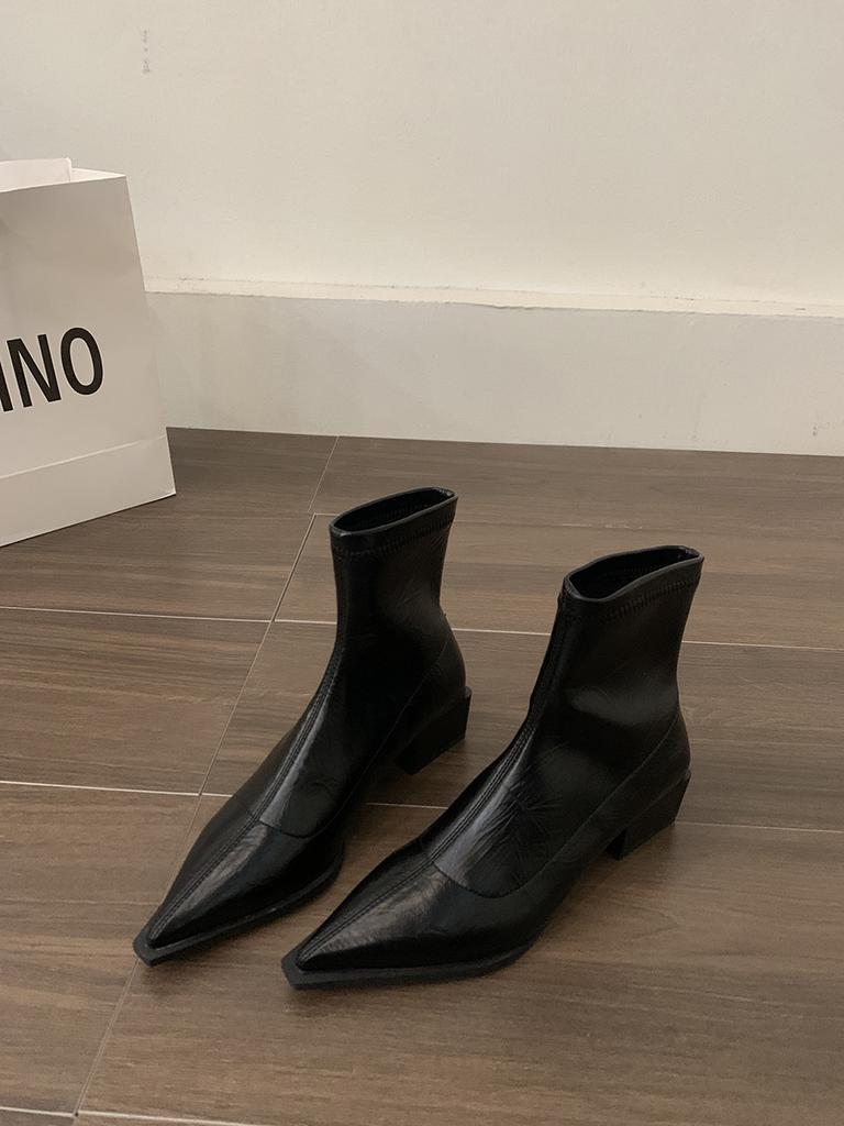 Французская мода толстый каблук короткие ботинки женская обувь 2025 новые весенне-осенние одинарные ботинки острый нос серебристые темпераментные тонкие ботинки