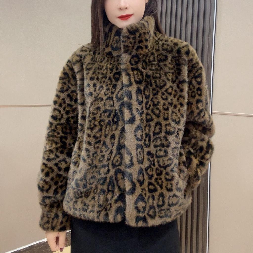 Короткая модная шуба с воротником-стойкой и леопардовым принтом для женщин, теплая и свободная зимой