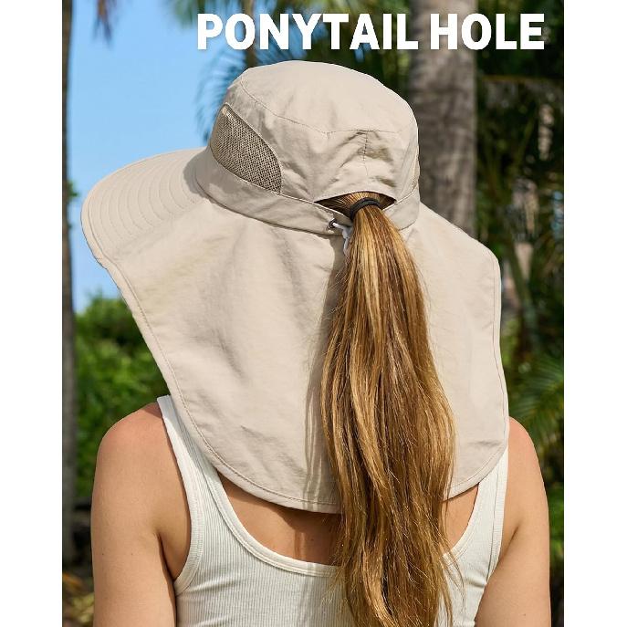 Women Sun Hats UV Protection Wide Brim with Bucket Ponytail Hole | Upf50+,100% nylon,packable adjustable chin strap,breathable mesh&waterproof,ideal