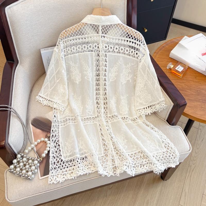 Dimanaf 2025 Новая летняя рубашка на пуговицах Женская кружевная блузка Вышивка Короткий рукав Модные топы Футболки Повседневные свободные футболки