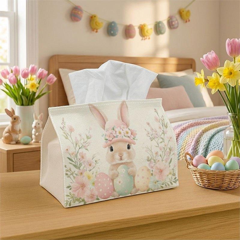 1pc Cute Realistic Tissue Box Bunny Floral Pastel Print| Durable Polyester Fabric for Home, Office, Car, Party- Spring Easter Decoration, Seasonal Hom
