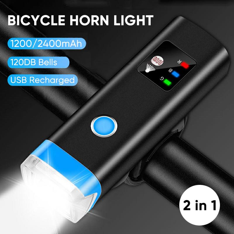 Bicycle Horn Light Bright 2400mAh Bicycle Headlight 2 In 1 Bike Bell Front Lamp USB Recharge Road MTB Cycling Lantern Alarm2
