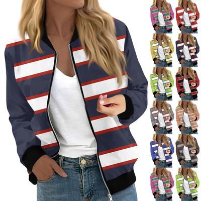Женская модная повседневная полосатая куртка с принтом в стиле пэчворк на молнии с карманами