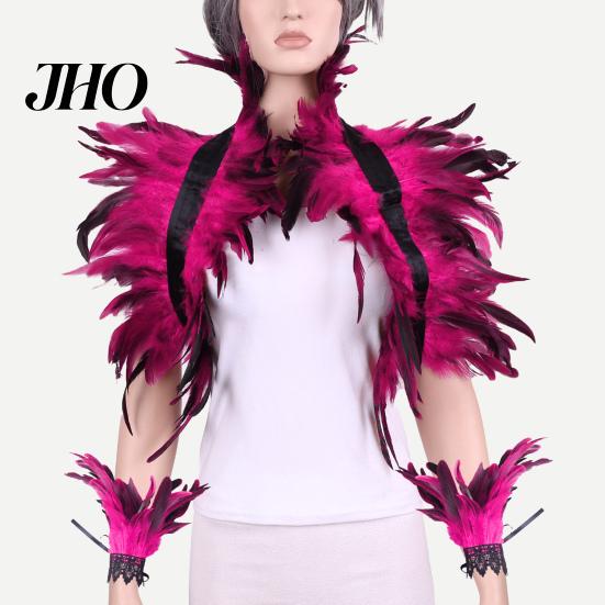 Feather Shawl 1 Set Fake Collar with Wrist Ring Gothic Style Imitation Adjustable Velvet Strap Hollow Out Lace Unisex Model Stage Show Performance