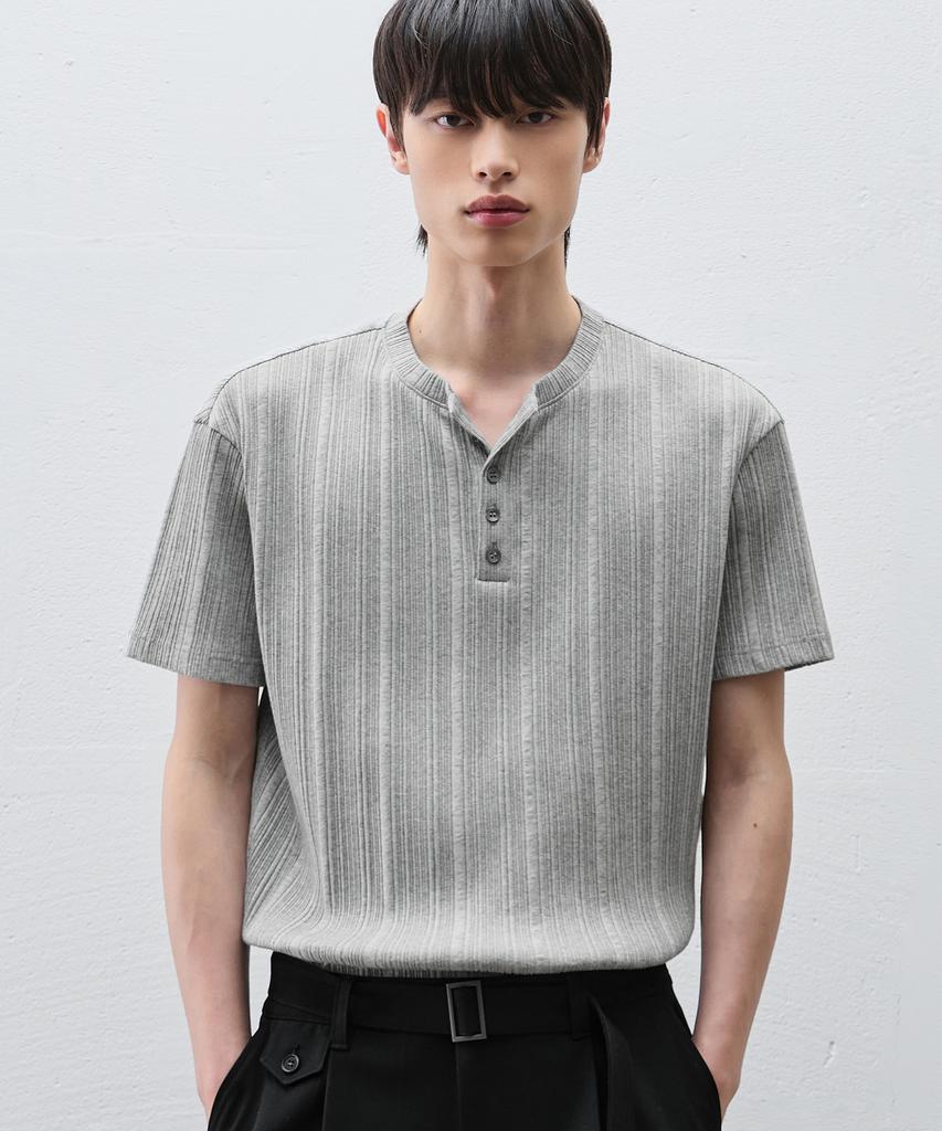 DRAW FIT Fine Ribbed Henley Neck Half T-Shirt [Melange]