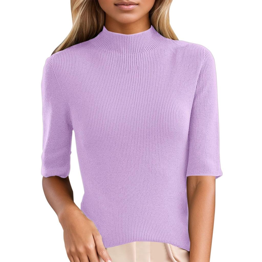 Мода Половина Высокий ворот Однотонный цвет Средний рукав Трикотаж Короткий рукав Женщина