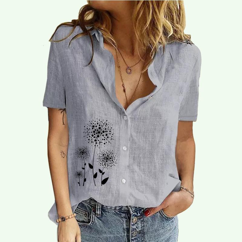 Женская модная футболка с воротником с лацканами, летняя и осенняя повседневная футболка с принтом, женский хлопковый льняной кардиган с принтом, блузки с короткими рукавами