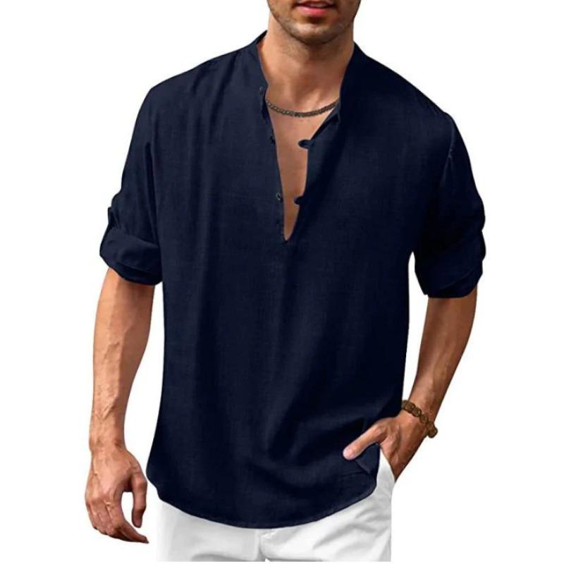 Men Linen Blend Stand Collar Shirt Casual Half Button Roll Up Sleeve Solid Blouse