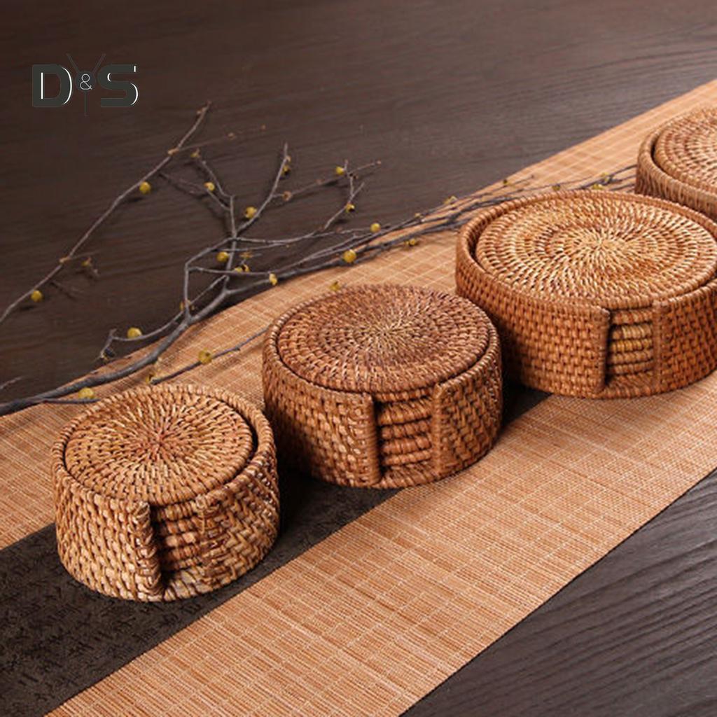 6Pcs/Set Drink Coasters Set Round Tableware Placemat Dish Mat Rattan Weave Pad
