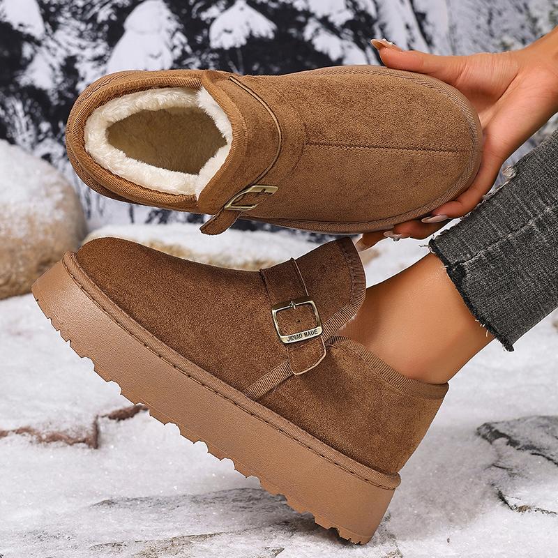 Модные зимние ботильоны на толстой подошве с пряжкой, женские 2025, из искусственной замши на платформе, женские зимние ботинки, слипоны, короткие плюшевые хлопковые туфли