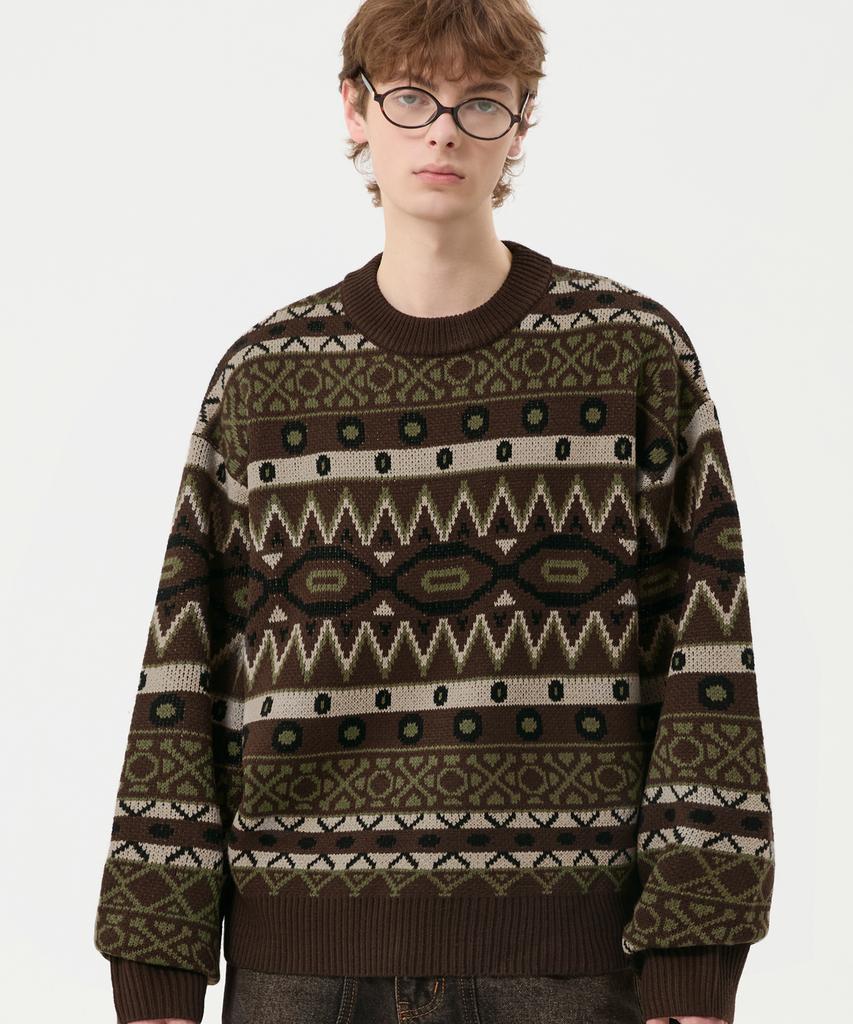 TRILLION Винтажный жаккардовый джемпер Fair Isle с круглым вырезом_Коричневый