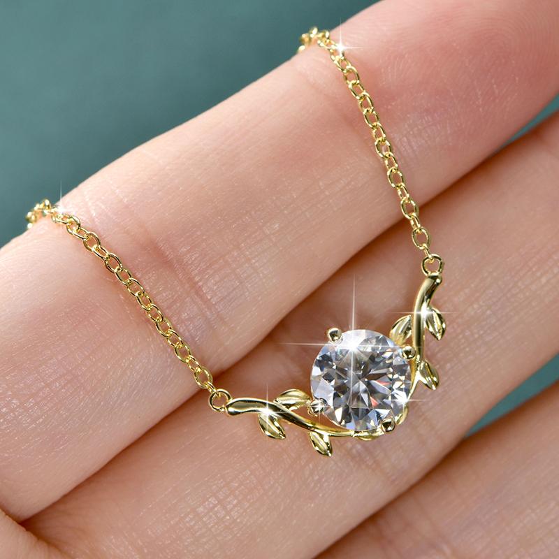 New Elegant Shiny 8mm 2CT Moissanite Necklace Vine Plant V-Neck Collarbone Chain Leaf Pendant Necklace for Women Gift