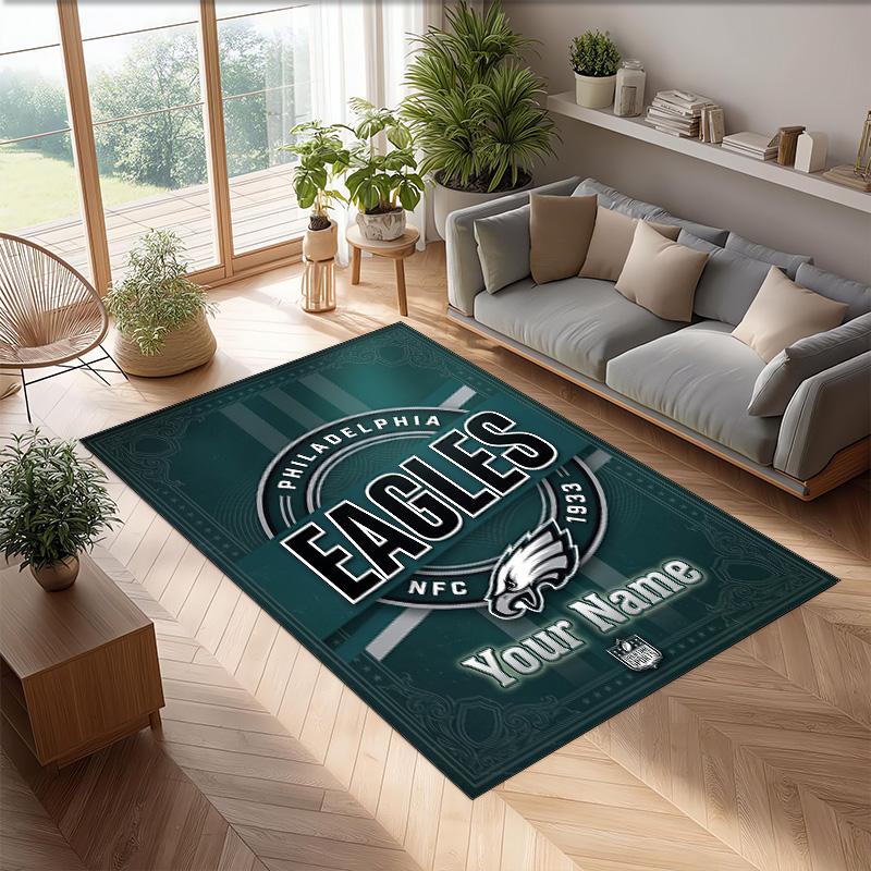 Philadelphia Eagles Crystal Velvet Rug, Custom Name Text Personalized Non‑Slip Floor Mat for Home Decor Gift