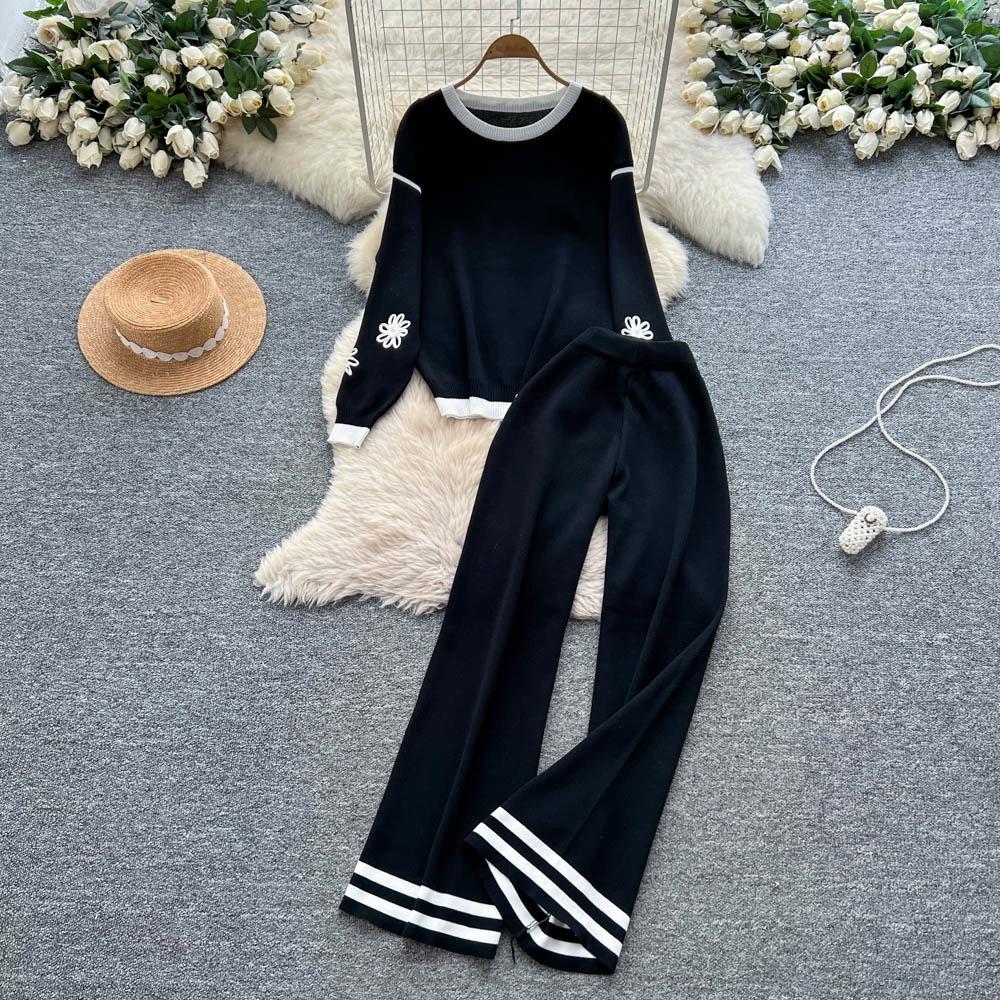 Осень Зима Женский Винтажный Вязаный Свитер с Вышивкой в Виде Цветка и Брюки Комплект из Двух Предметов Пуловер с Круглым Вырезом Топы и Брюки Спортивный Костюм