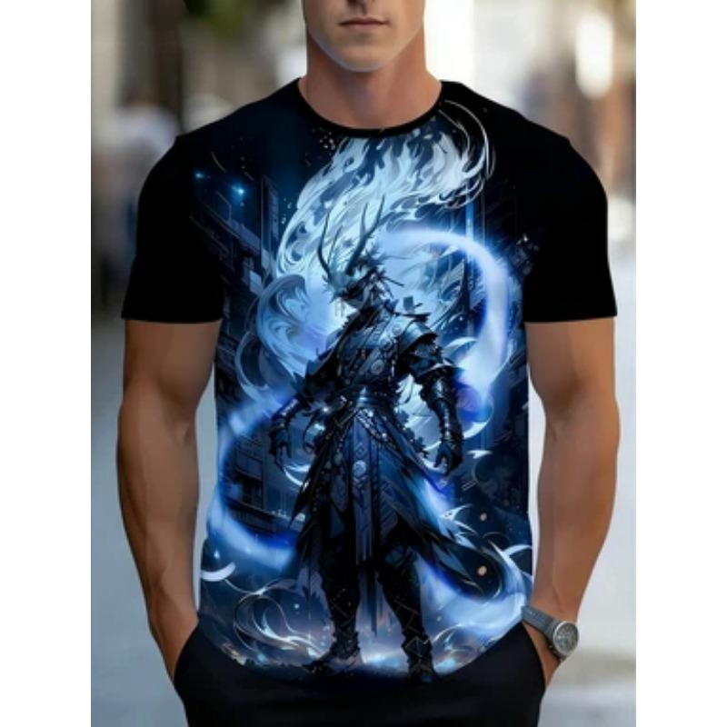 3D printed men's black short-sleeved T-shirt, fantasy warrior theme suitable for summer casual wear
