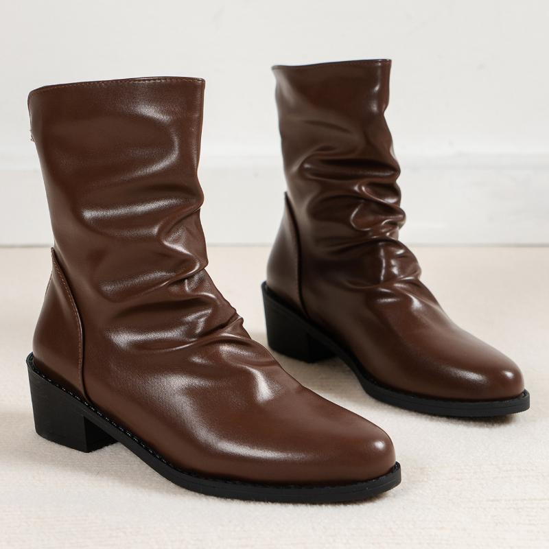 Европейские и американские плиссированные ботильоны 2024 Осень Новинка Однотонные Задняя молния Короткое голенище Женские ботинки Большой размер Платформа