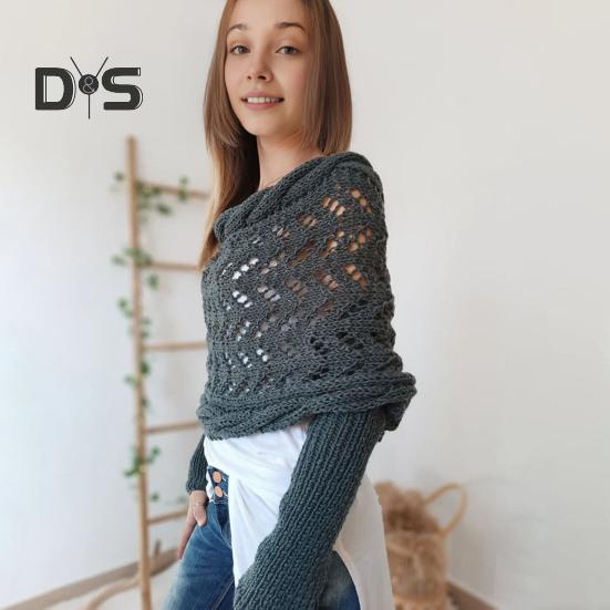 Knitted Cable Wrap Scarf with Sleeves Soft Bohemian Style Shawl Scarf Hollow Crochet Pattern Cross Wrap Scarf Sweater Wrap