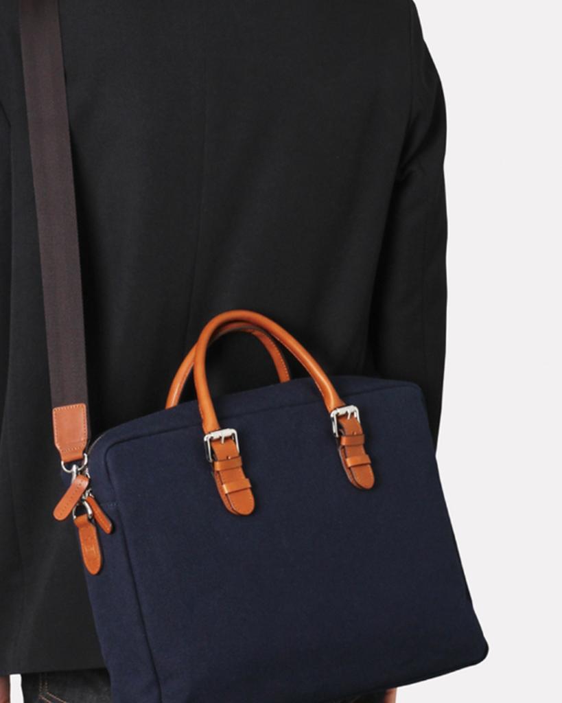 Matt Canvas Leather Combination Briefcase Messenger Navy