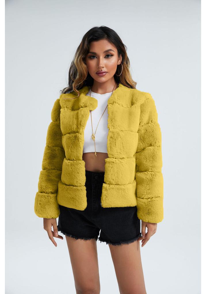 Women Fuzzy Fleece Short Jacket Solid Color Warm Plush Coat Long Sleeve Casual Outerwear