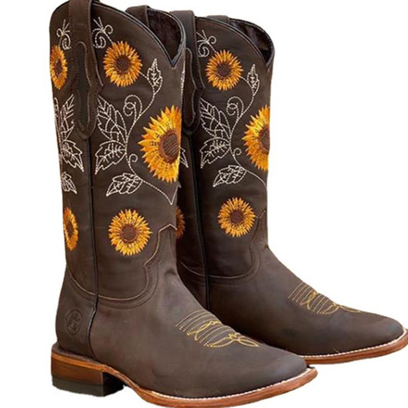 Осенне-зимняя обувь больших размеров на толстом каблуке и женских сапогах с вышивкой на высоком каблуке