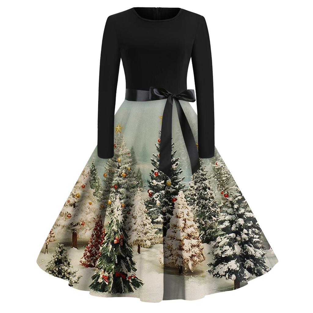 Женское модное повседневное платье приталенного кроя с круглым вырезом, рождественским принтом и длинными рукавами