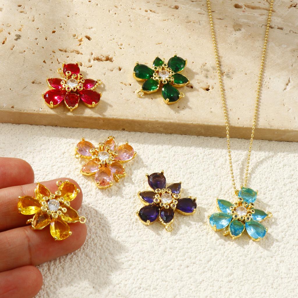 1 Piece Brass & Glass Flower Connectors Charms Pendants 18K Gold Plated Clear Cubic Zirconia For DIY Necklace Making 23mm x 23mm